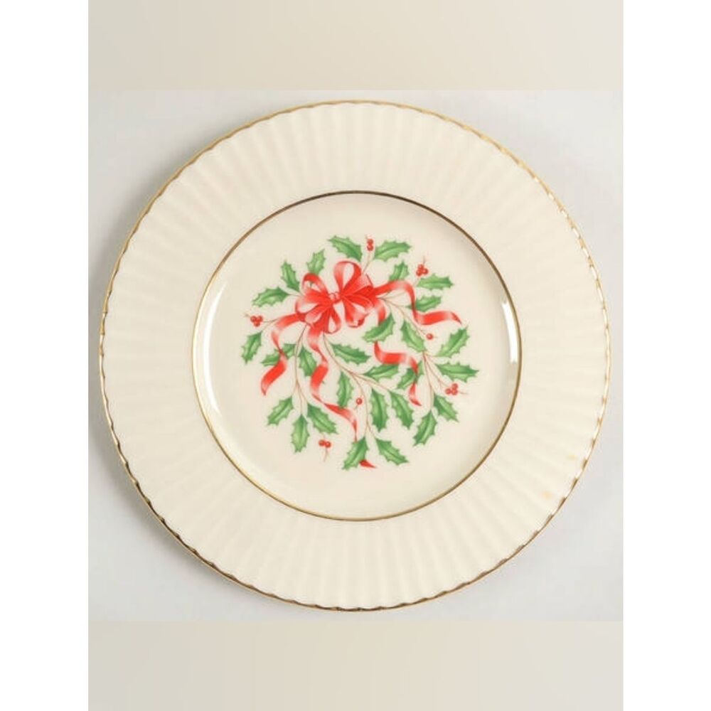 Vintage Lenox Holiday Temple 8.5" Salad Plate in Red Ribbons and Holly Pattern